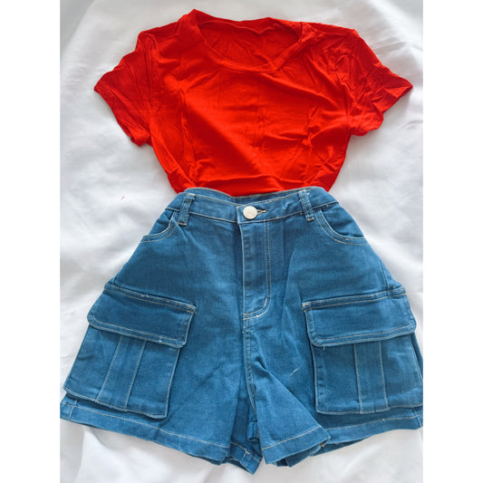 SHORT CARGO L + TOP BASICO ROJO
