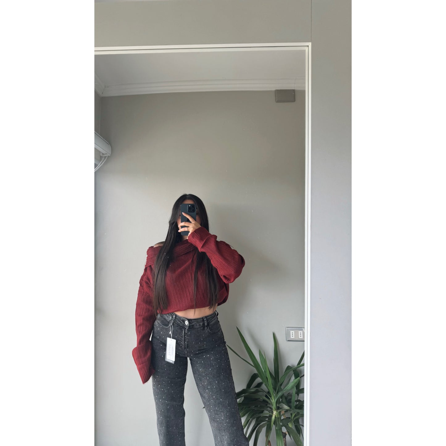JEANS WIDE LEG BRILLOS GRAFITO